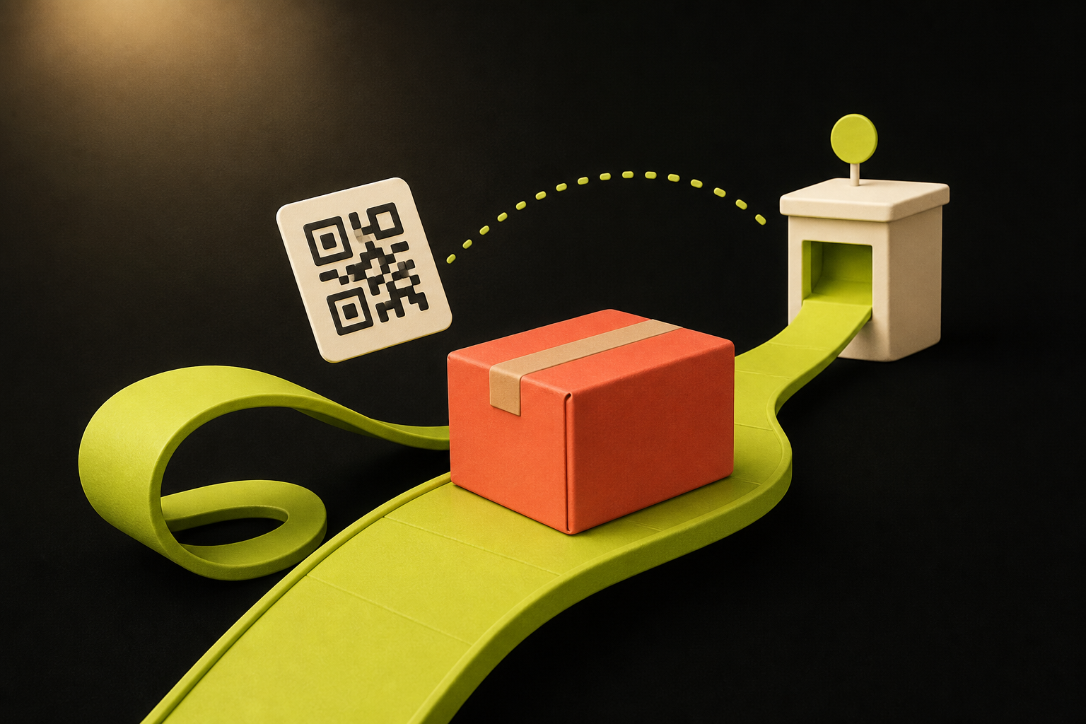 A coral parcel travelling along a green return route toward a drop-off point